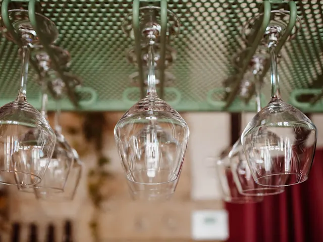Glasses hanging above the bar